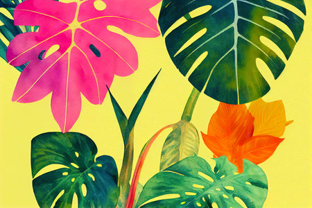 handpainted illustration abstract tropical nature jungle colorfull summer leavesの素材