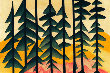 watercolor landscape with pine and fir trees, abstract natureの素材