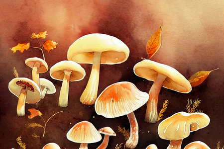 Watercolor illustration of mushrooms in grass with dry leavesの素材