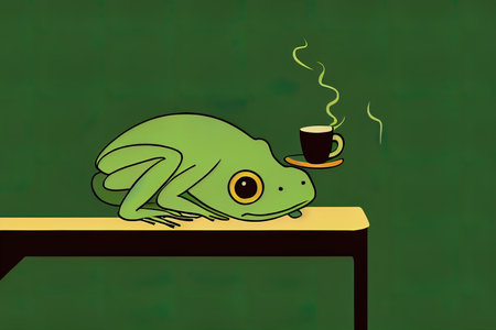Exhausted humanized frog, 2d illustration. Tired anthropomorphic frog, sittingの素材
