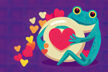 Humanized frog holding a heart-shape donut. Anthropomorphic frog. Loveの素材