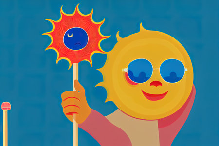 Anthropomorphic cute sun in sunglasses eat chocolate ice creamの素材
