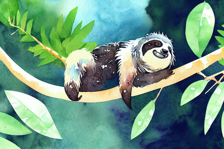 Sloth Watercolor, Sloth paint, Tropical animal, Cute sloth holdingの素材