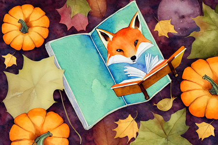 Watercolor card with a fox reading a book onの素材