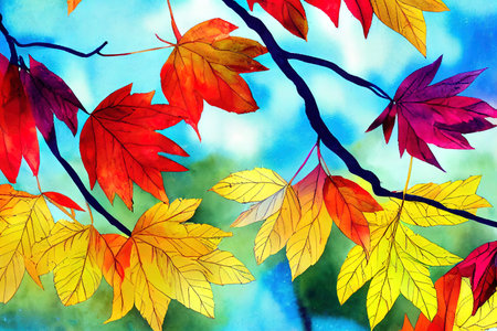 Colorful vibrant watercolor leaves background. Spring, autumn nature leavesの素材