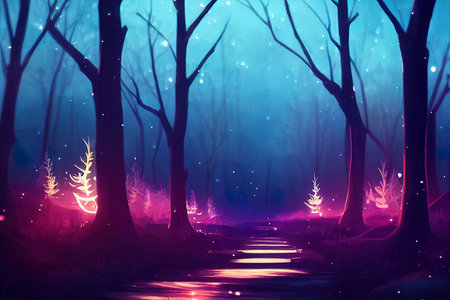 Night magical fantasy forest. Forest landscape, neon, magical lightsの素材