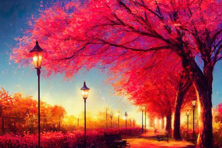 Blooming old garden autumn evening park beautifully lit byの素材