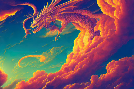 Dragon flying in the sky 3d illustrationの素材