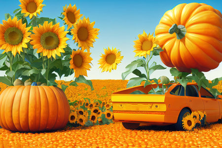 Blue car carrying big pumpkin with sunflowers and corn.の素材