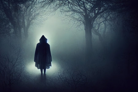 Horror background of a ghostly figure in enchanted aの素材