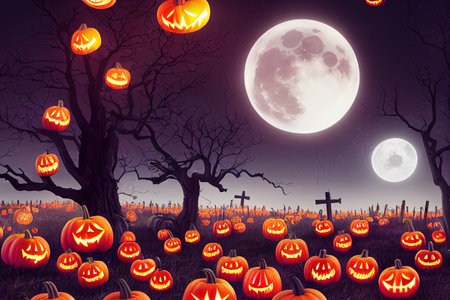 Halloween night background with a cemetery and pumpkins andの素材