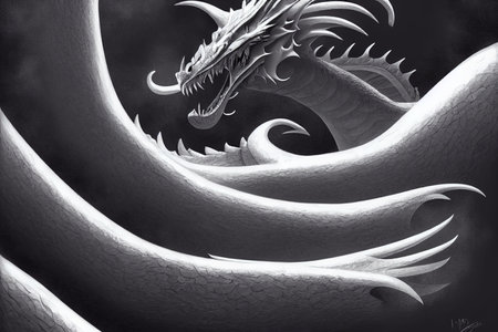 Dragon head on the gray stone background. Digital painting.の素材