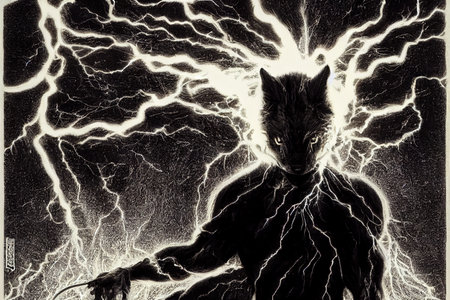 A dark silhouette with an electric wolf warrior, heの素材