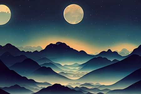 Illustration of night forest alight with bright moon inの素材