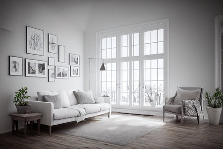 Scandinavian farmhouse living room interior, wall mockup, 3d renderの素材