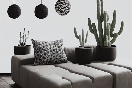 Paintings of cactus and hexagons hanging over a cozyの素材