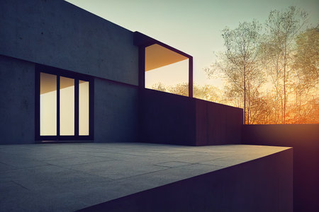 Modern building exterior with cement stairs and floor. Sunriseの素材