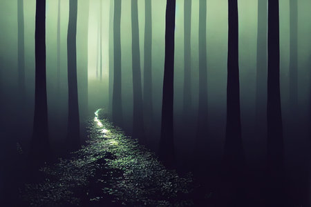 path through a dark forest at nightの素材