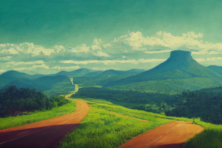 country road and green mountains in summer.の素材