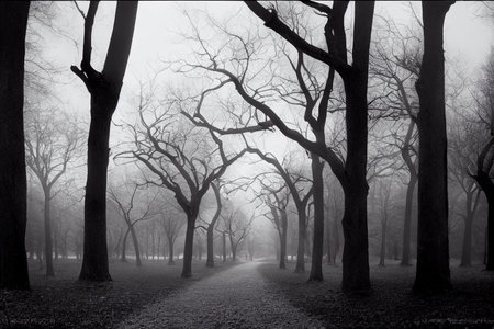 Foggy darkened path leading through the bare trees ofの素材