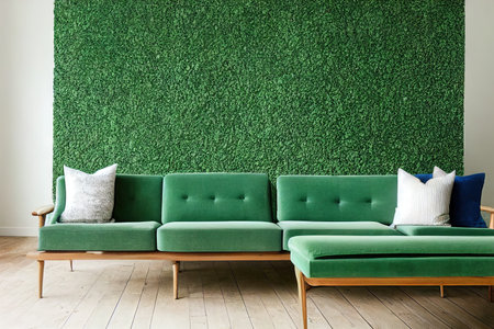 green mint wall with sofa & sideboard on woodの素材