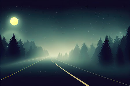 car on dark road at night through misty forestの素材