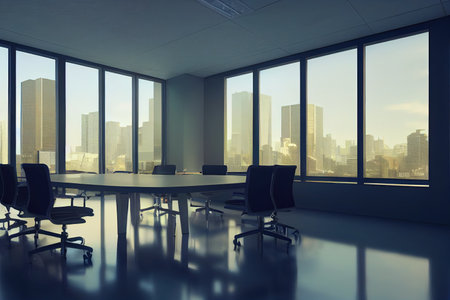 Modern office interior. Conference table. City view, panoramic window.の素材