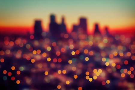 Beautiful sunset city bokeh. Blurred background photo.の素材