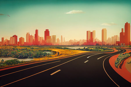 Side view of asphalt road highway with lake gardenの販売画像
