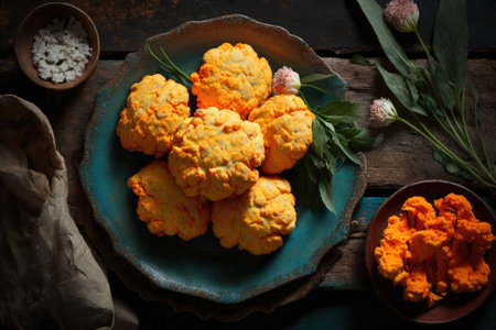 cauliflower fritters in a bright orange hueの素材