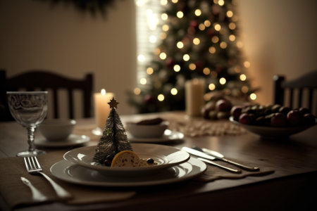 Christmas tree in the background of a table settingの素材