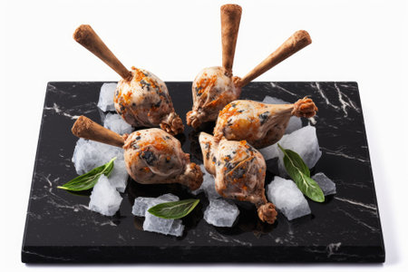 Chicken lollipops, raw on a black stone plate, white backgroundの素材