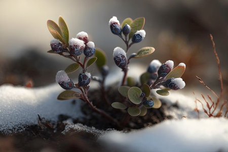 Despite the melting snow, this blueberry bush is only two years oldの素材