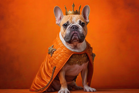 French bulldog dressed as king, standing in front of an orange backdropの素材