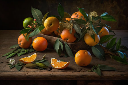 Fruits of the orange tree, with their leaves, set out on a wooden tableの素材