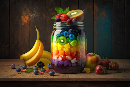 Fruit salad in a jar with a wooden background and a rainbow of colorsの素材