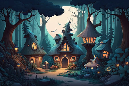 Imaginary cartoon village in the middle of a magical forest. Illustrationの素材