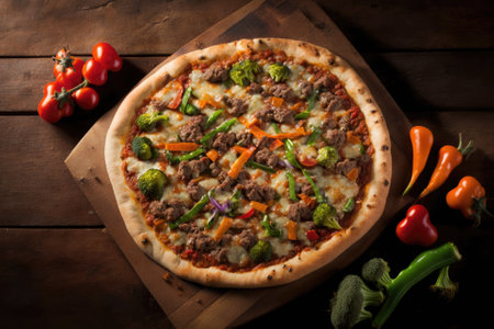 Image of a pizza topped with ground meat, vegetables, and a wooden backgroundの素材