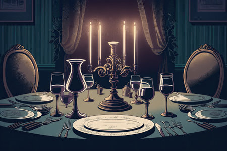 Illustration of a formal dinner table in close upの素材