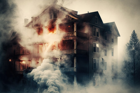 Multiple floors of an apartment complex are engulfed in smoke after a fire. Tonedの素材