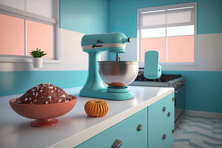 Interior of a kitchen with a bowl of ground beef made with an electric meat grinderの素材