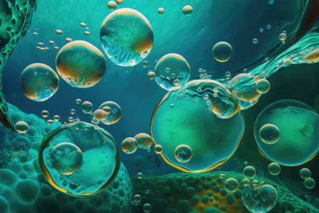 Many bubbles float in turquoise sea water in this abstract imageの素材
