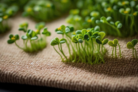 Microgreen broccoli plants growing on a linen mat, close upの素材