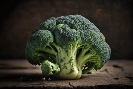 Macro shot of fresh broccoli sitting on a wooden tableの素材