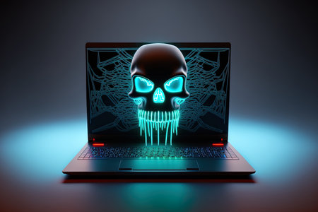 3d illustration of a laptop and a face appearing from a glowing neon screenの素材