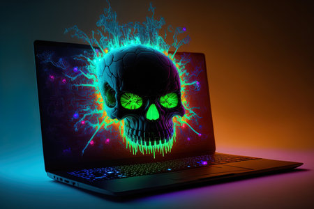 3d illustration of a laptop and a face appearing from a glowing neon screenの素材