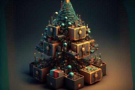 A 16 image collection shows the assembly of an artificial Christmas tree with giftsの素材