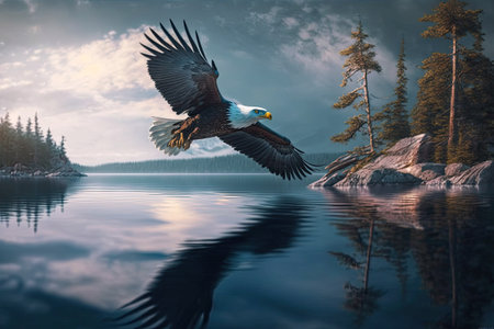 A bald eagle soars over the clear waters of the ocean. Stunning woods in the backdropの素材