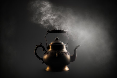 a black background with steam in a light beam from a boiling kettleの素材