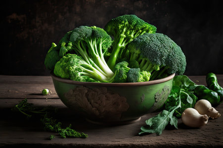 a bowl of fresh broccoli and spinach on a wooden table up closeの素材